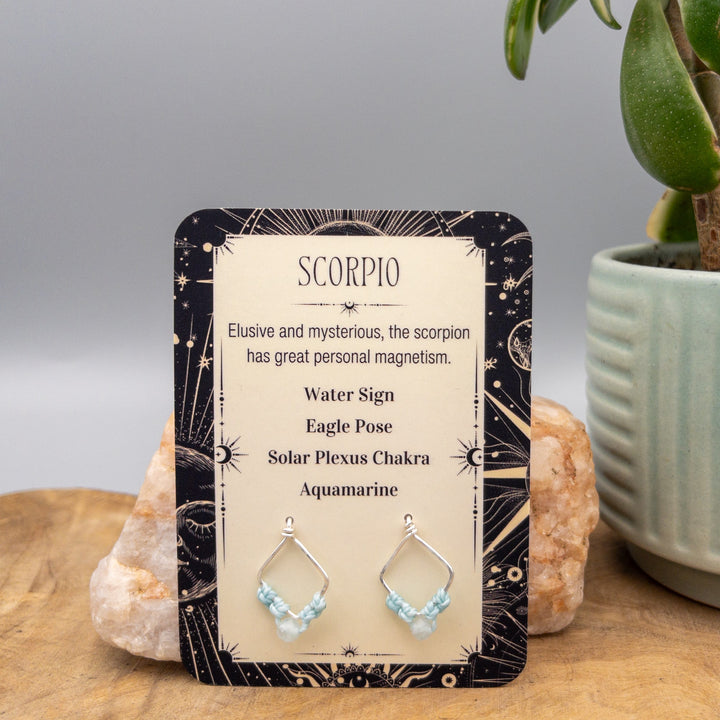 Scorpio aquamarine earrings in sterling silver on a gift card