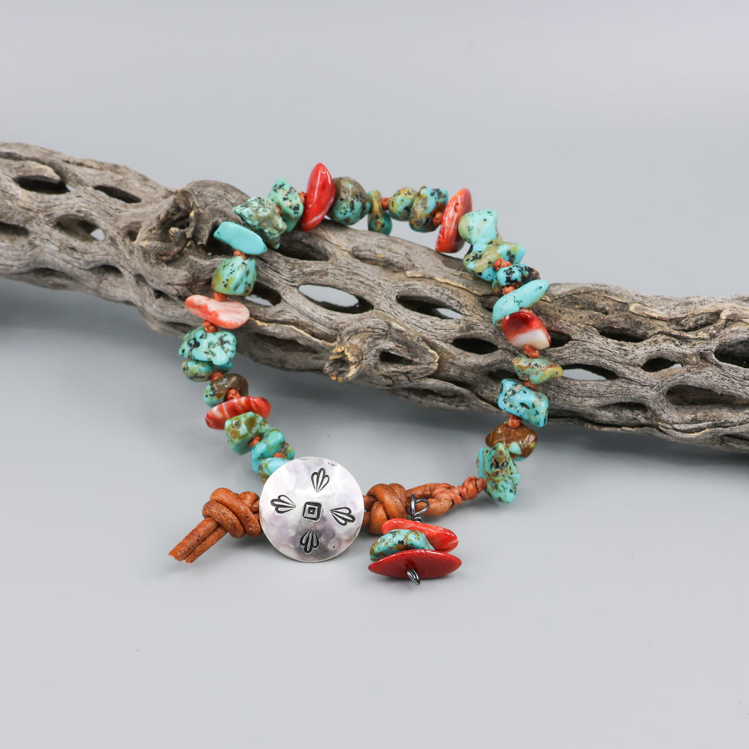 turquoise and spiny oyster beaded bracelet with leather cord and southwest design hand stamped sterling silver button 