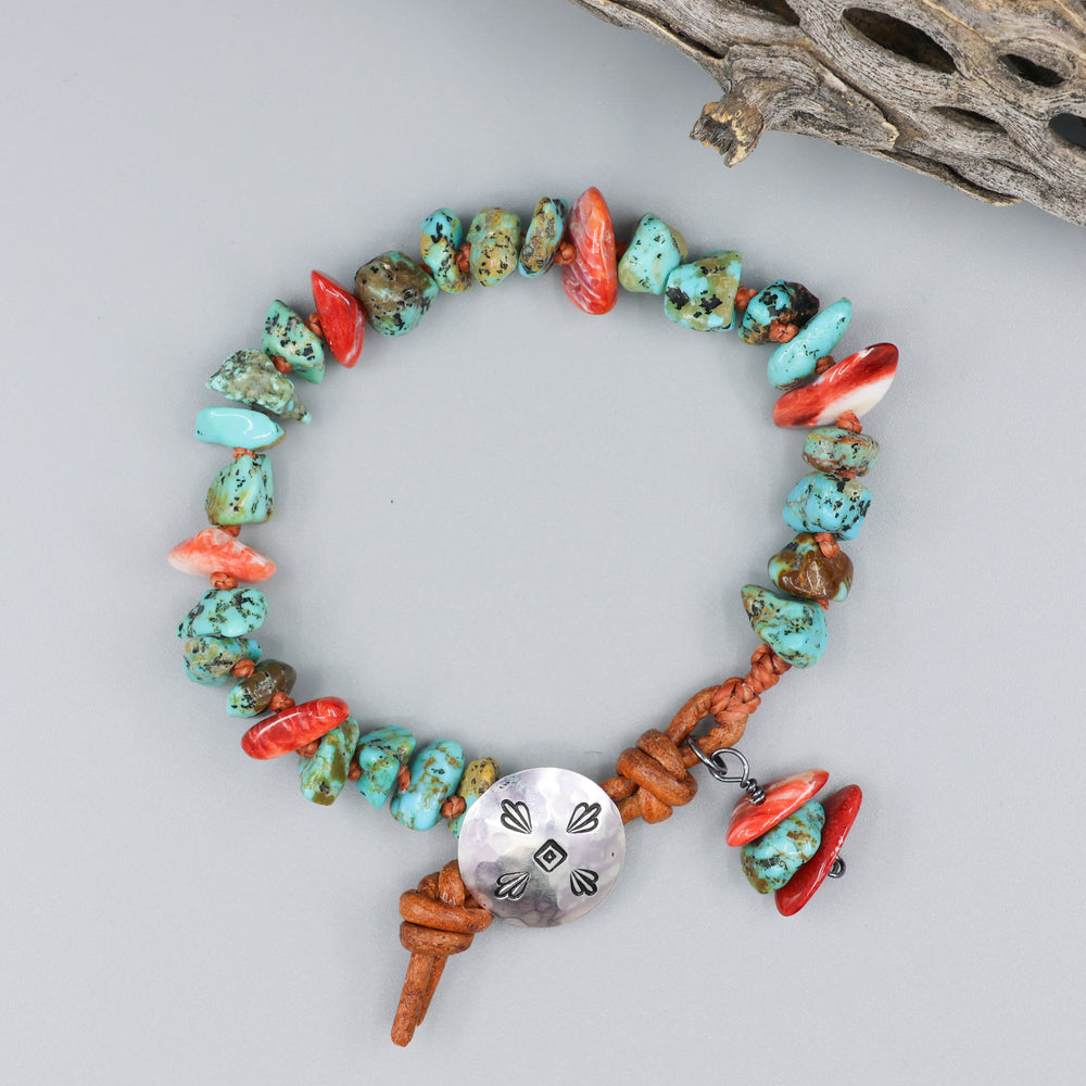 southwest inspired turquoise and spiny oyster beaded bracelet with leather cord and hand stamped sterling silver button 