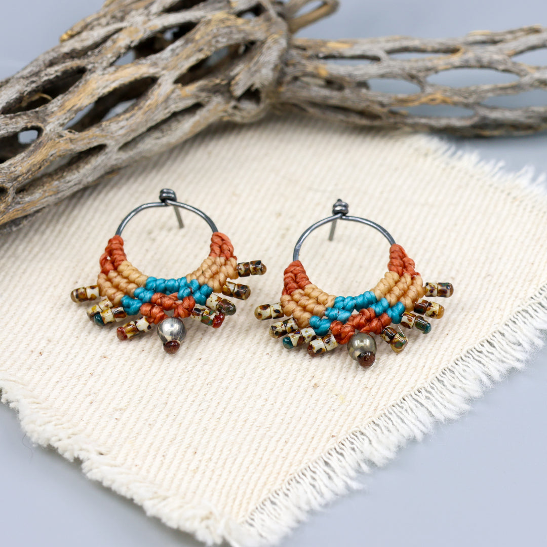 handmade oxidized sterling silver macrame drop earrings in the colors of sedona