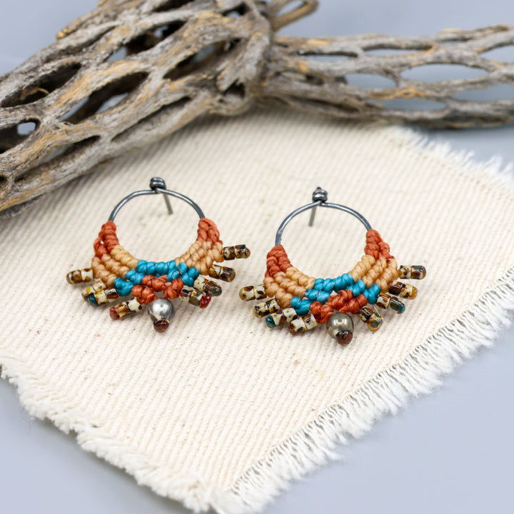 handmade oxidized sterling silver macrame drop earrings in the colors of sedona