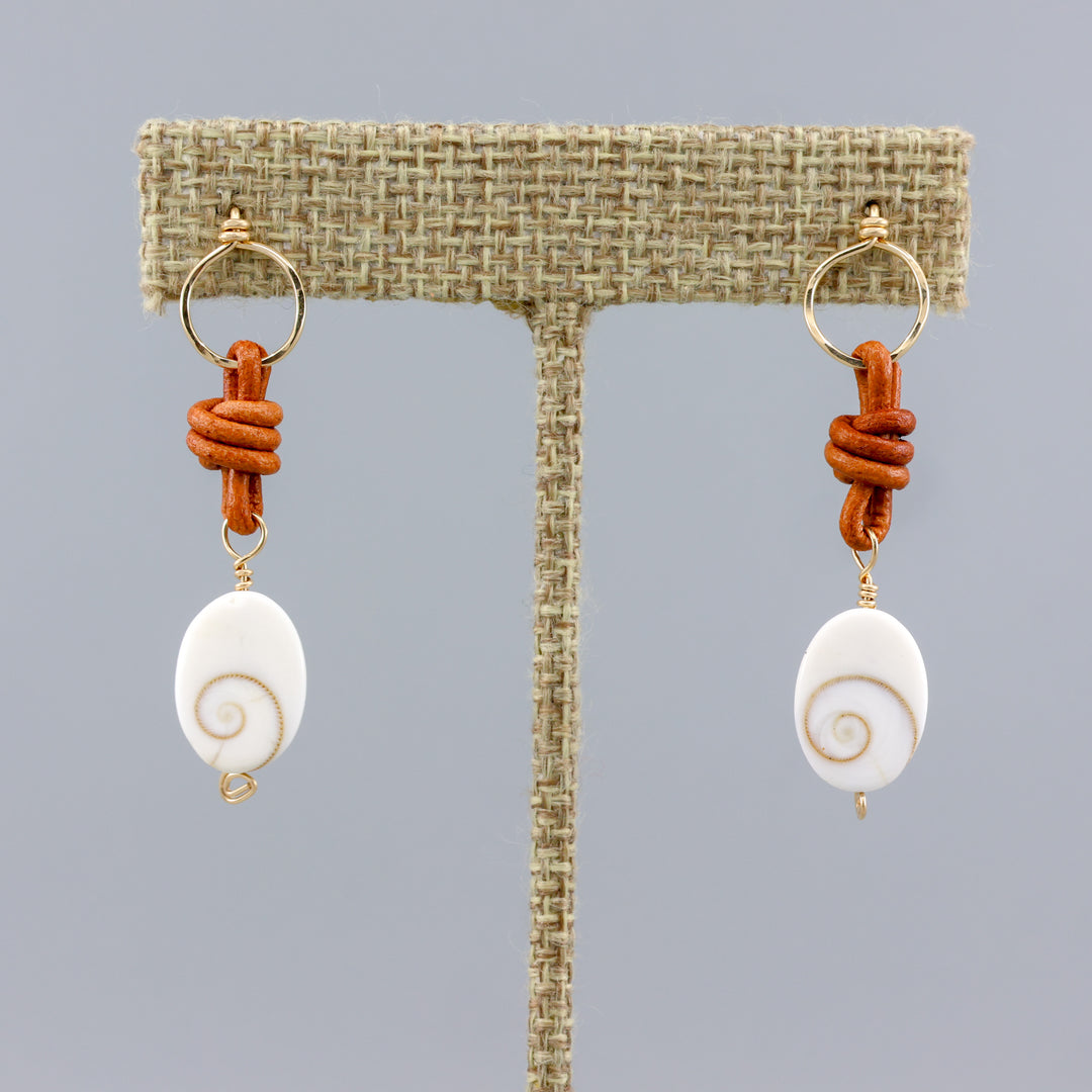 handmade shiva shell, leather, and gold fill drop earrings