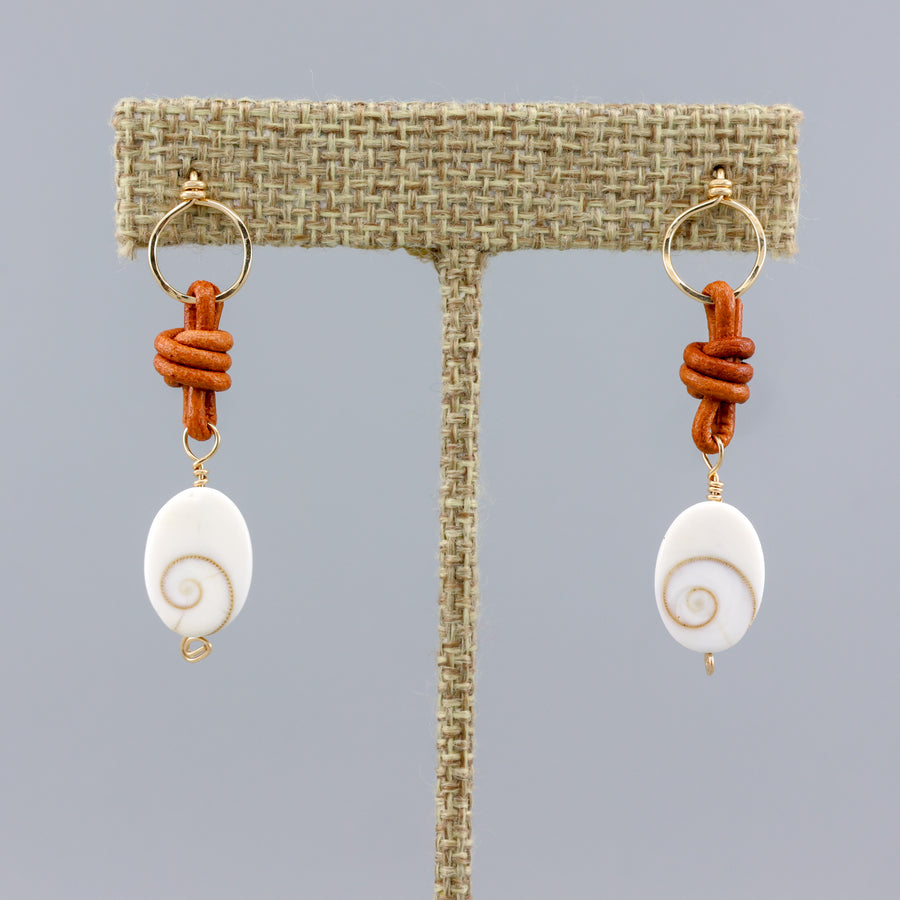 handmade shiva shell, leather, and gold fill drop earrings