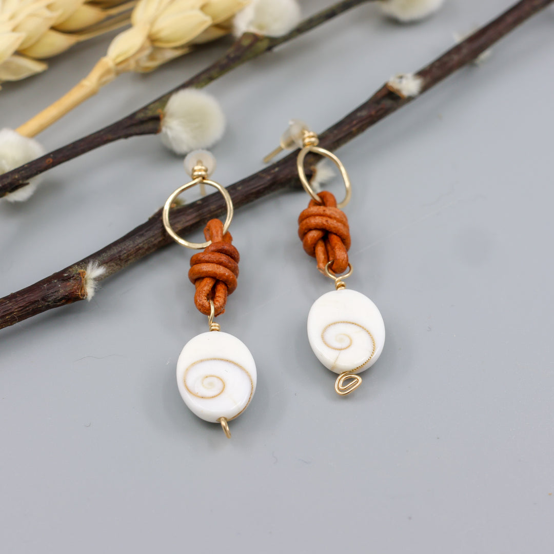 Shiva Shell & Leather Drop Earrings / 14k Gold Fill