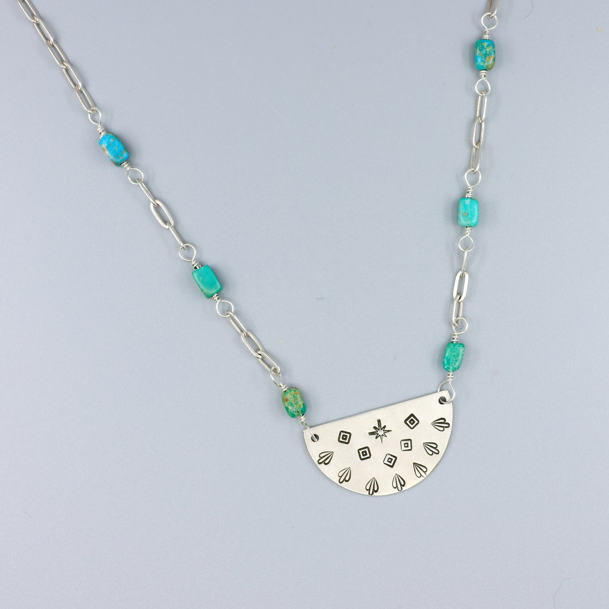 hand stamped southwest sterling silver and turquoise necklace