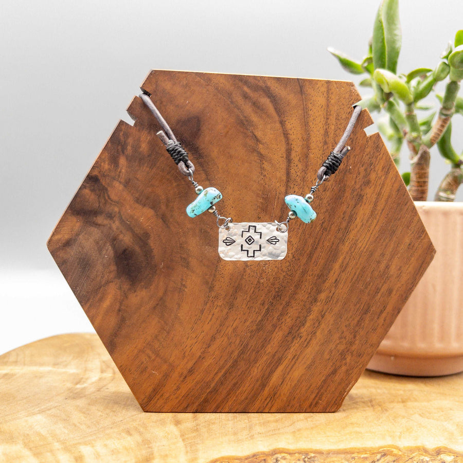 Stamped silver turquoise and leather necklace