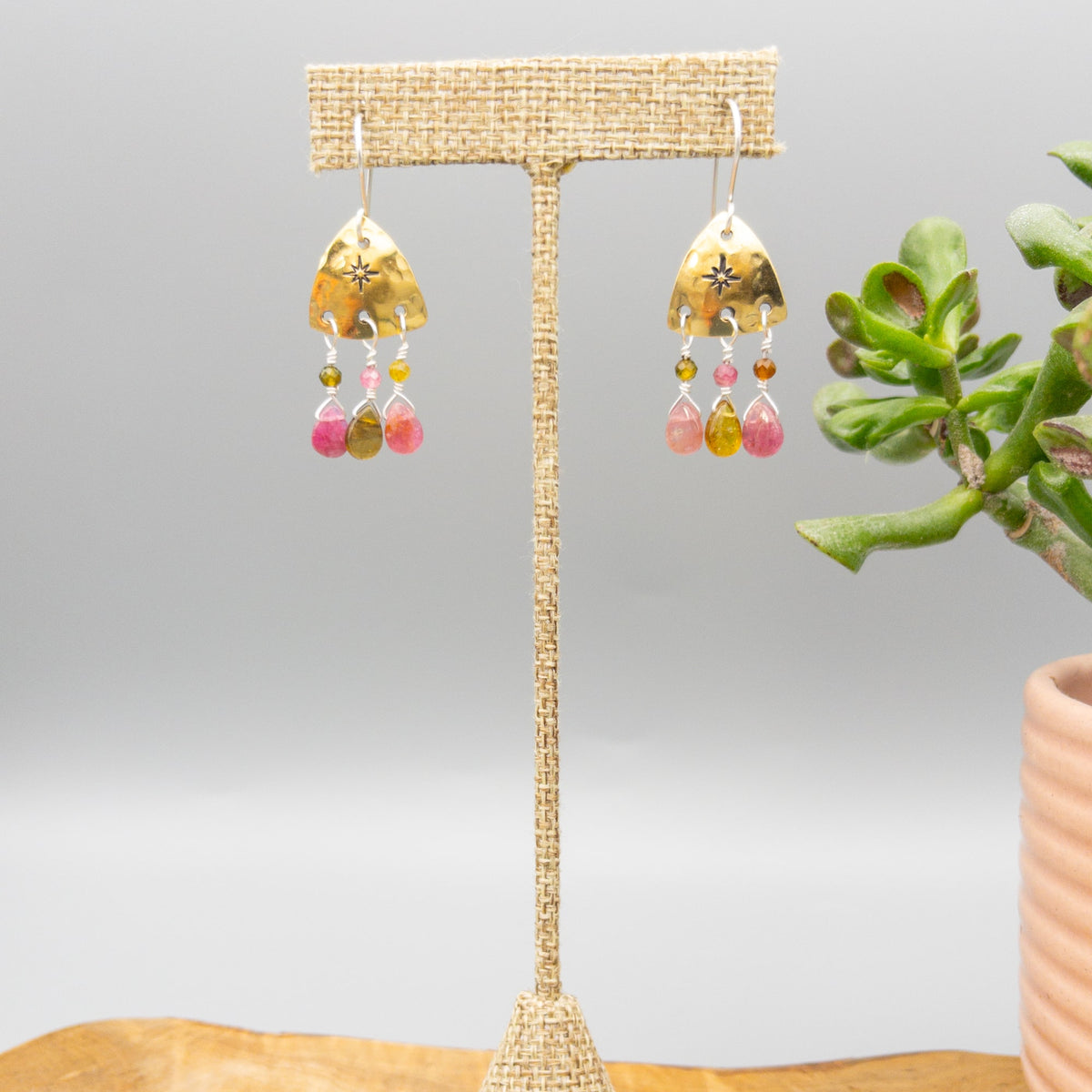 hand stamped brass earrings with tourmaline beads and sterling silver ear wires
