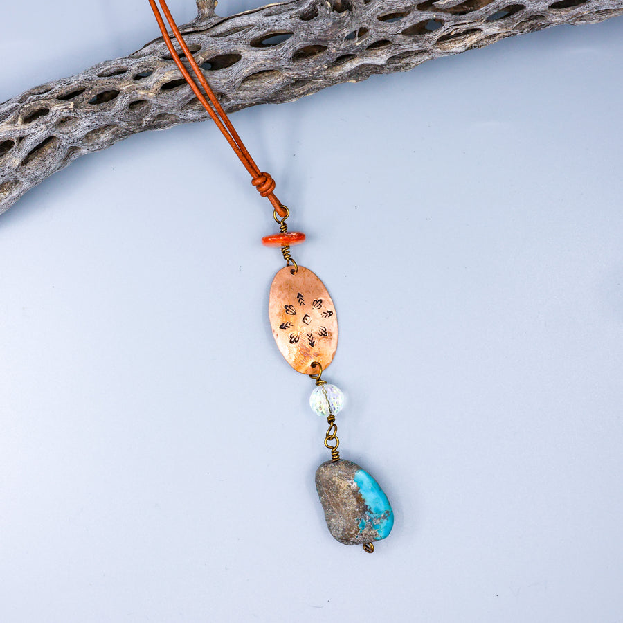 handmade copper gemstone suncatcher with turquoise, spiny oyster, and crystal beads