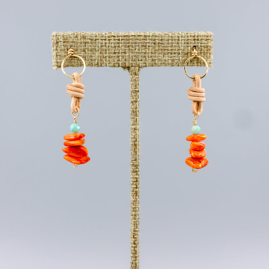 handmade gold, spiny oyster, and amazonite leather drop earrings 
