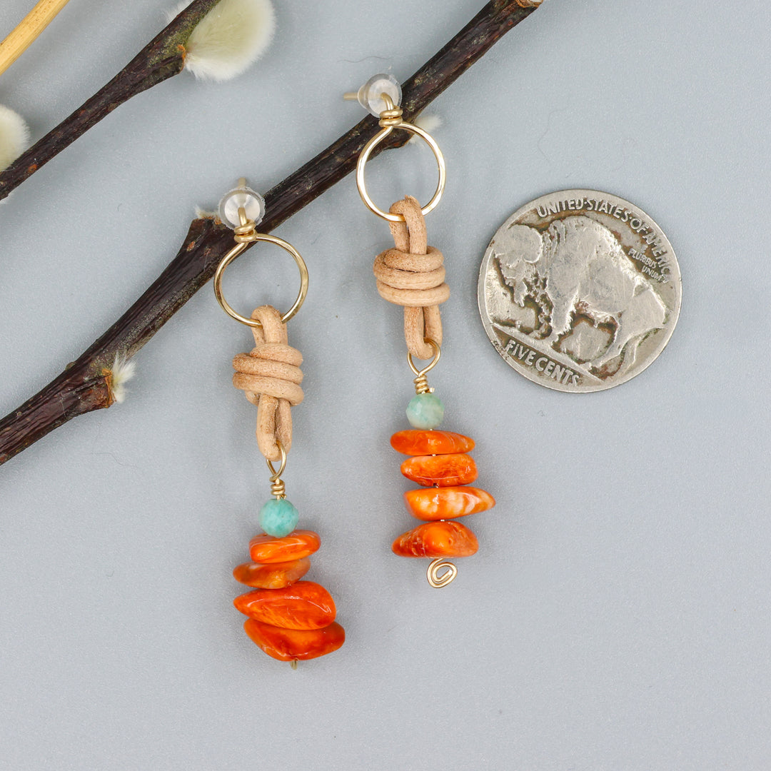 Spiny Oyster & Amazonite Drop Earrings / 14k Gold Fill