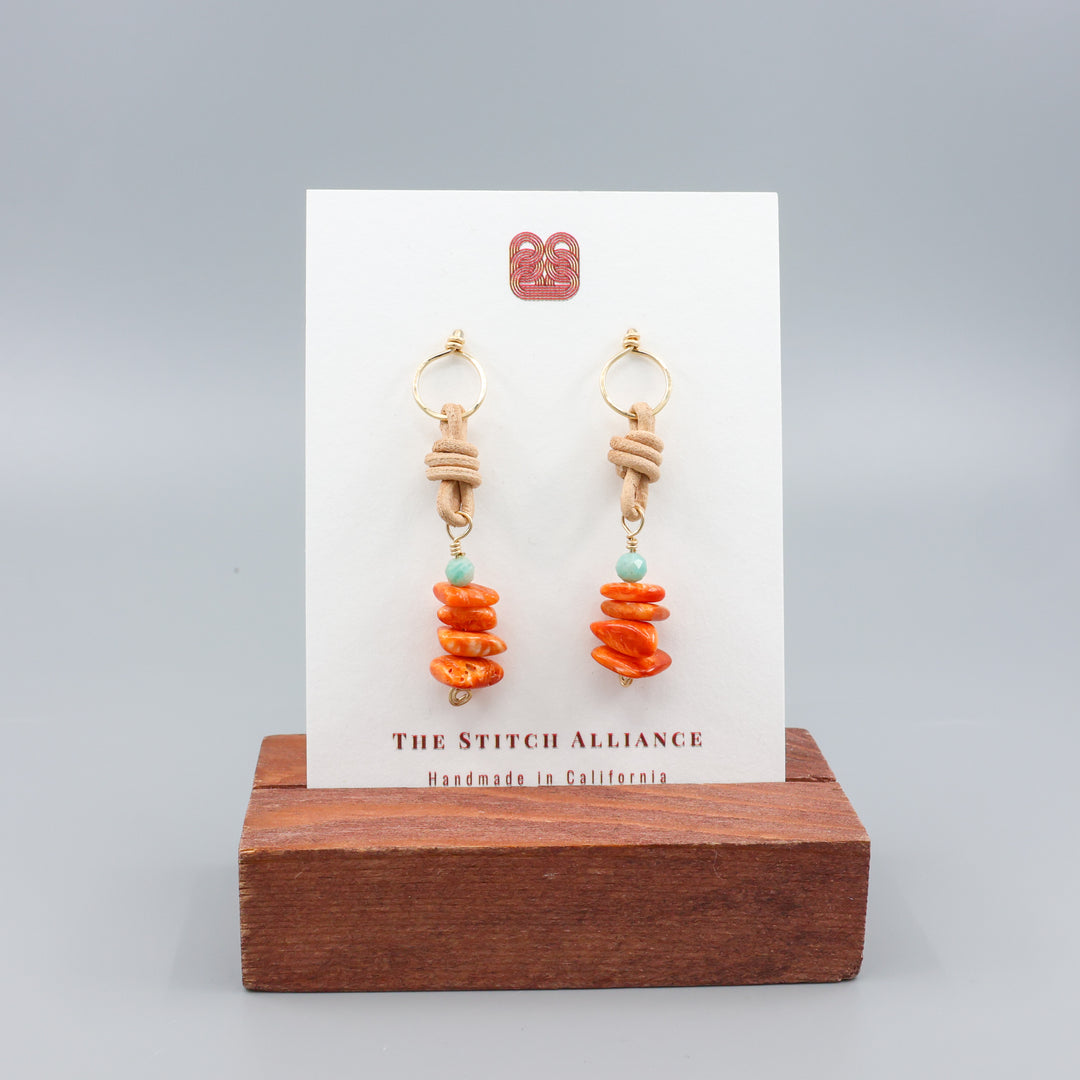 handmade gold, spiny oyster, and amazonite leather drop earrings 