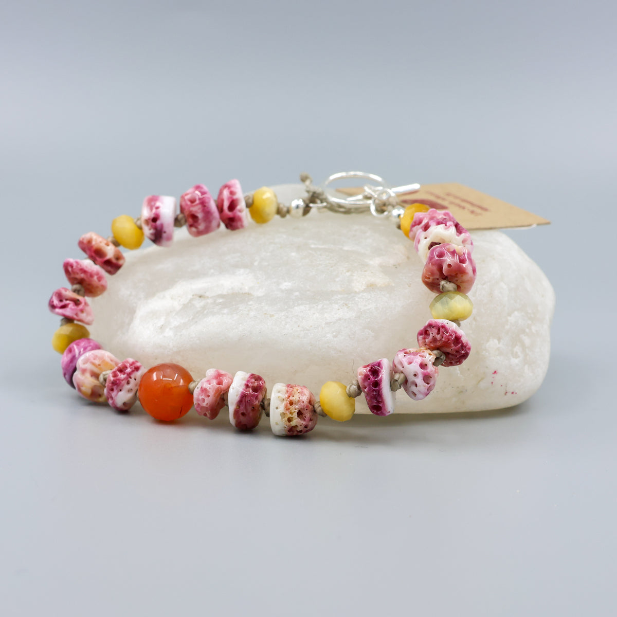 shiva shell, botswana agate, golden tigers eye hand knotted bracelet