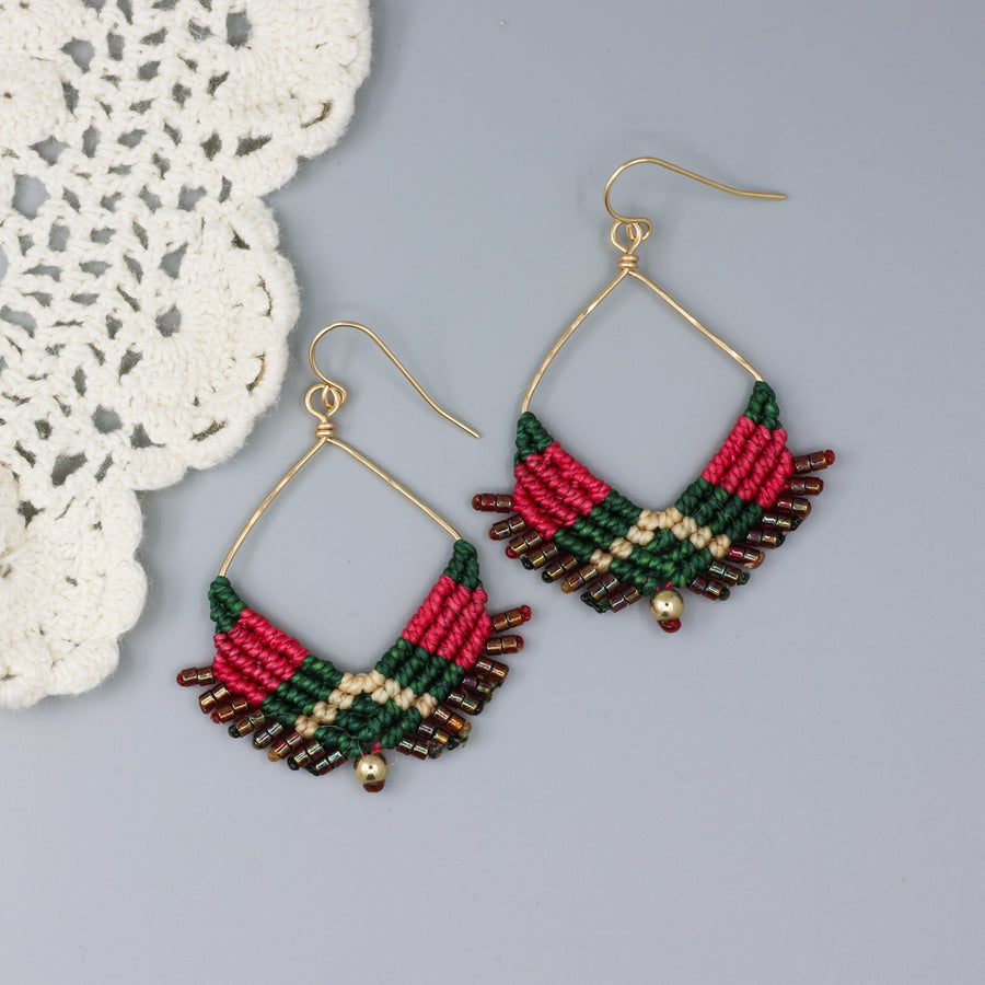 pink and green handmade macrame square hoop earrings with gold fill wire