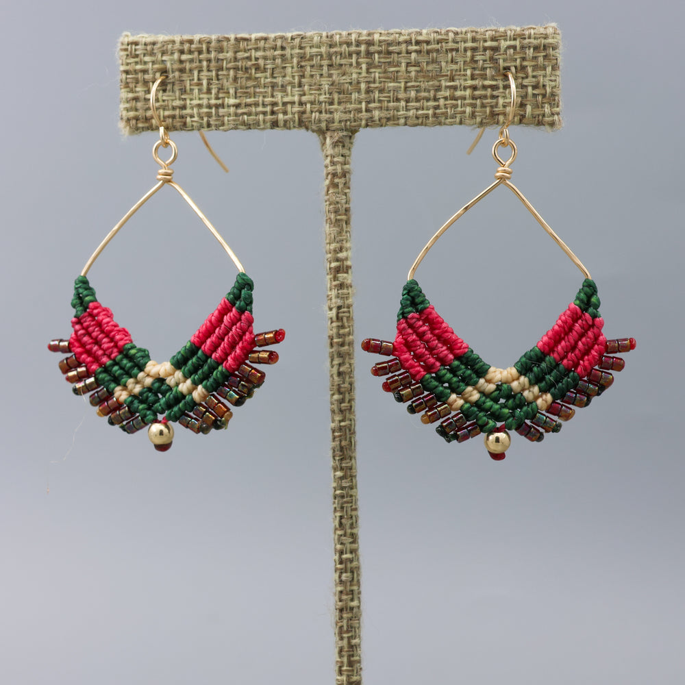 pink and green handmade macrame square hoop earrings with gold fill wire on a gray background
