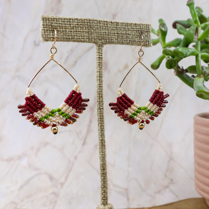 handmade macrame earrings gold fill, red and green