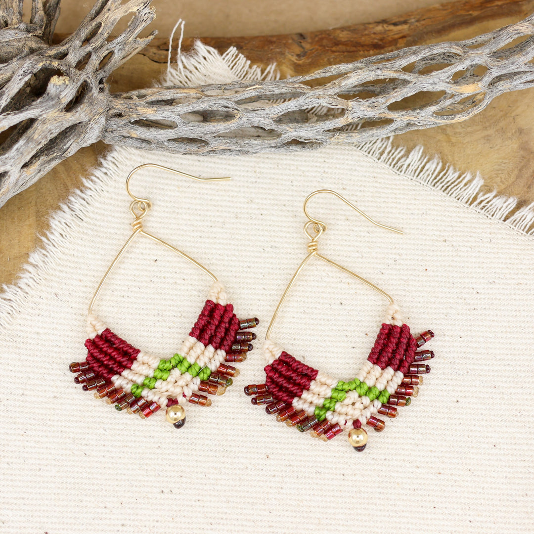 handmade Square macrame earrings in green and red with gold filled wire