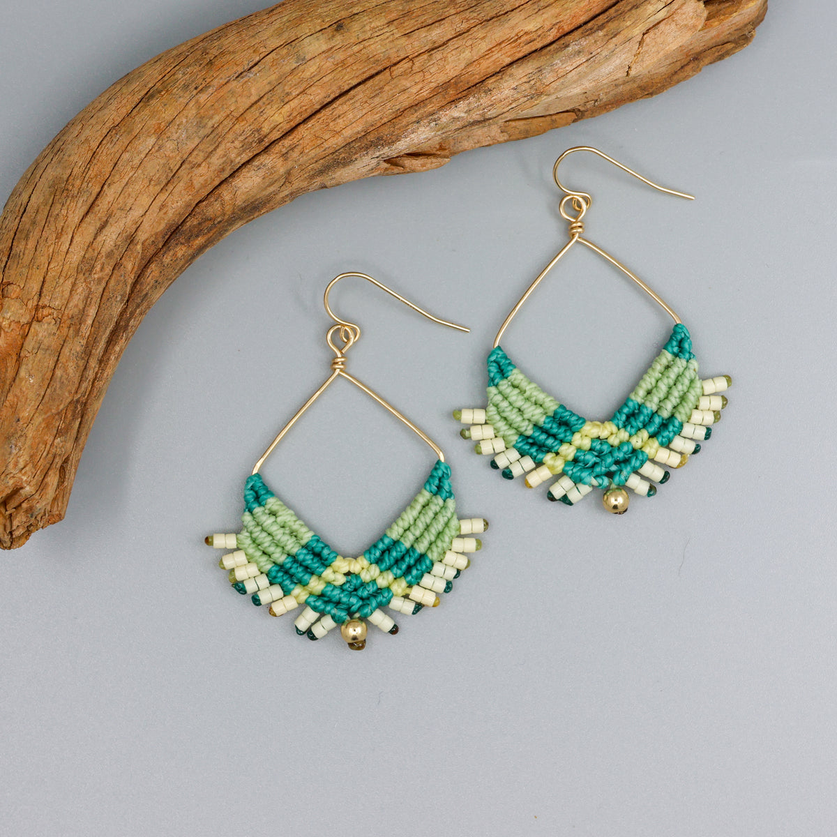 handmade macrame statement hoop earrings with gold fill wire