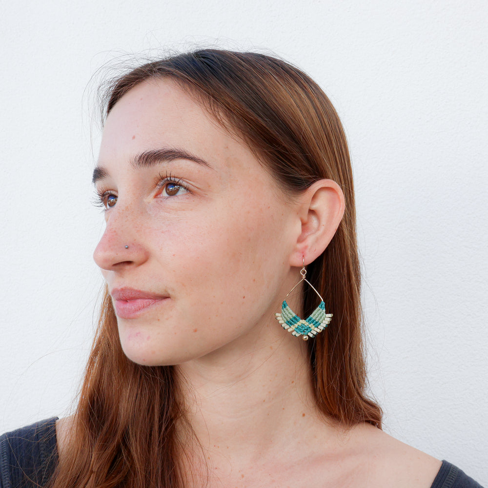 handmade gold filled macrame square hoop earrings with light green cord colors