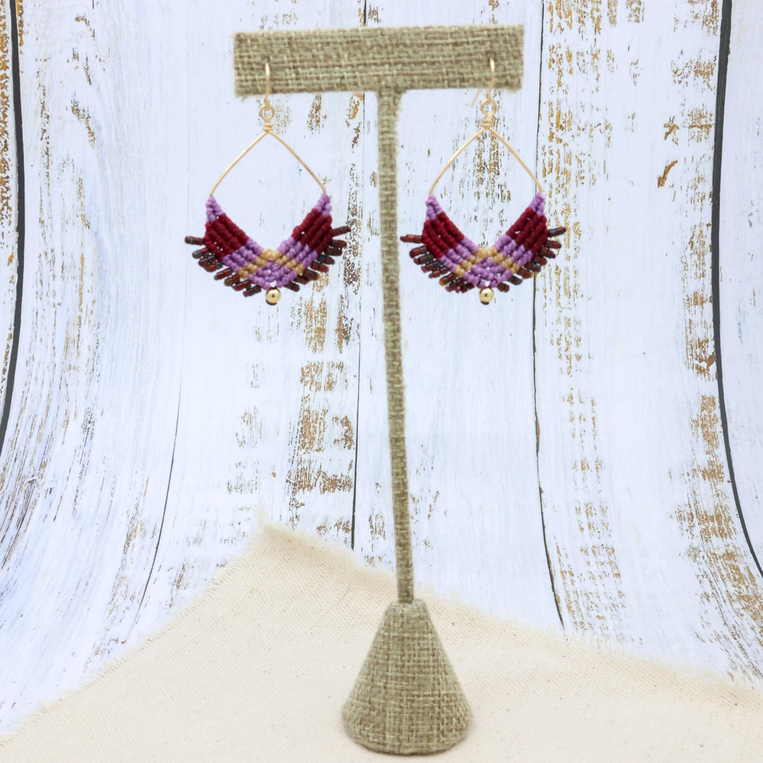 handmade square hoop macrame earrings in gold fill with purple and red