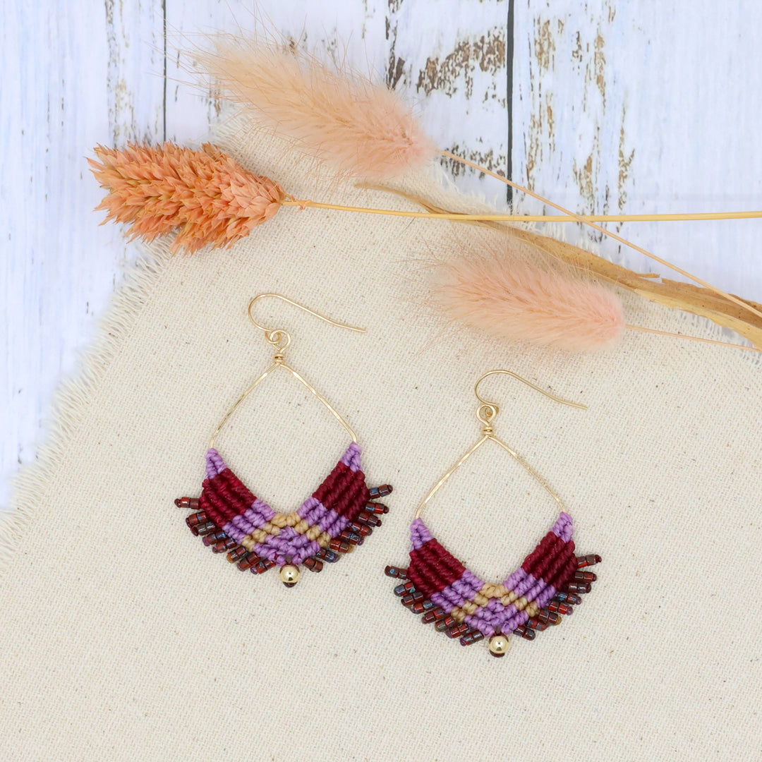 handmade square hoop statement earrings in gold fill with purple and red macrame