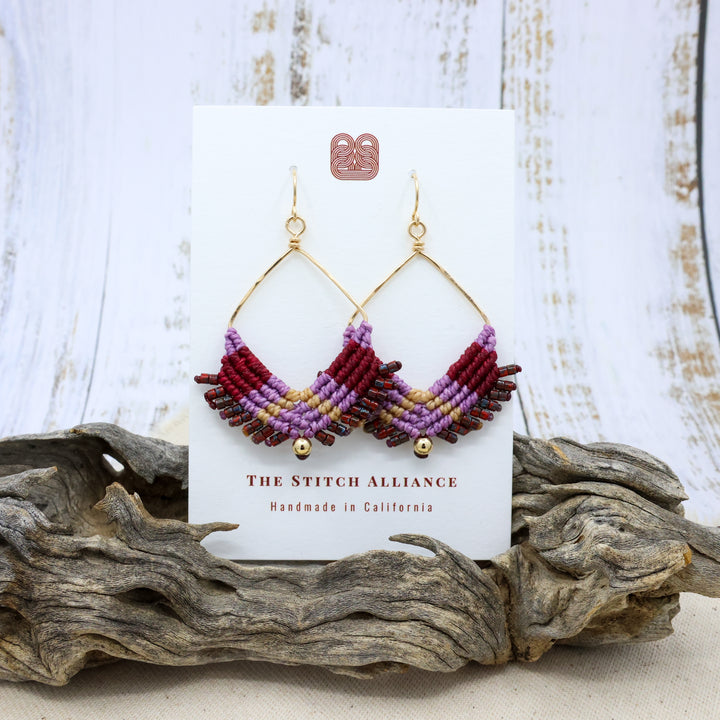 gold filled square hoop statement earrings with purple and red macrame