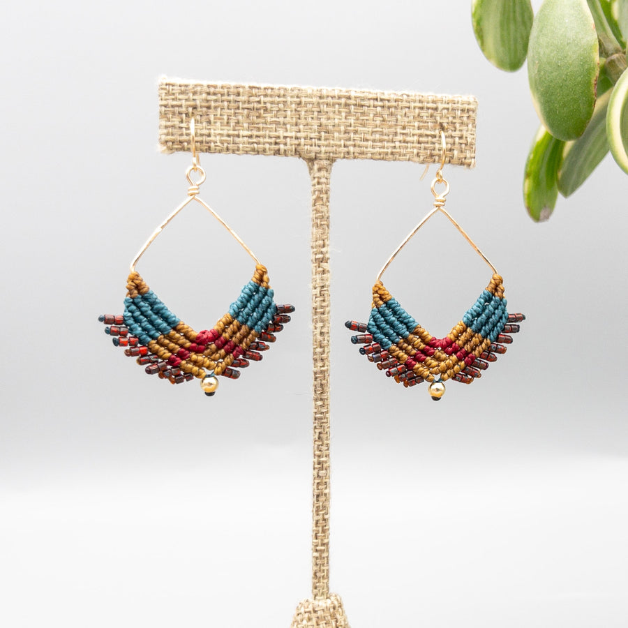 teal, gold, and deep red gold filled share hoop macrame earrings