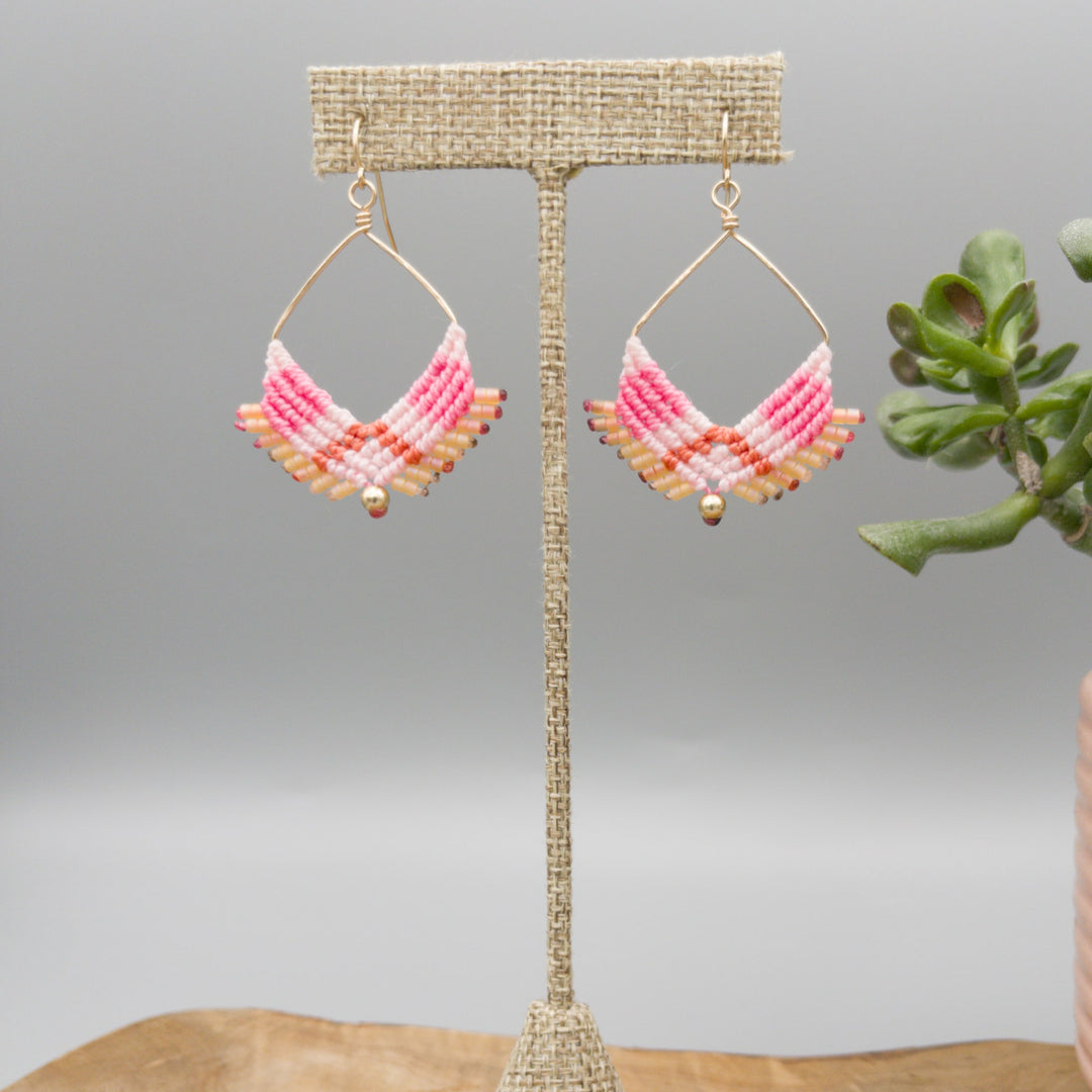 pink macrame earrings gold filled square hoops