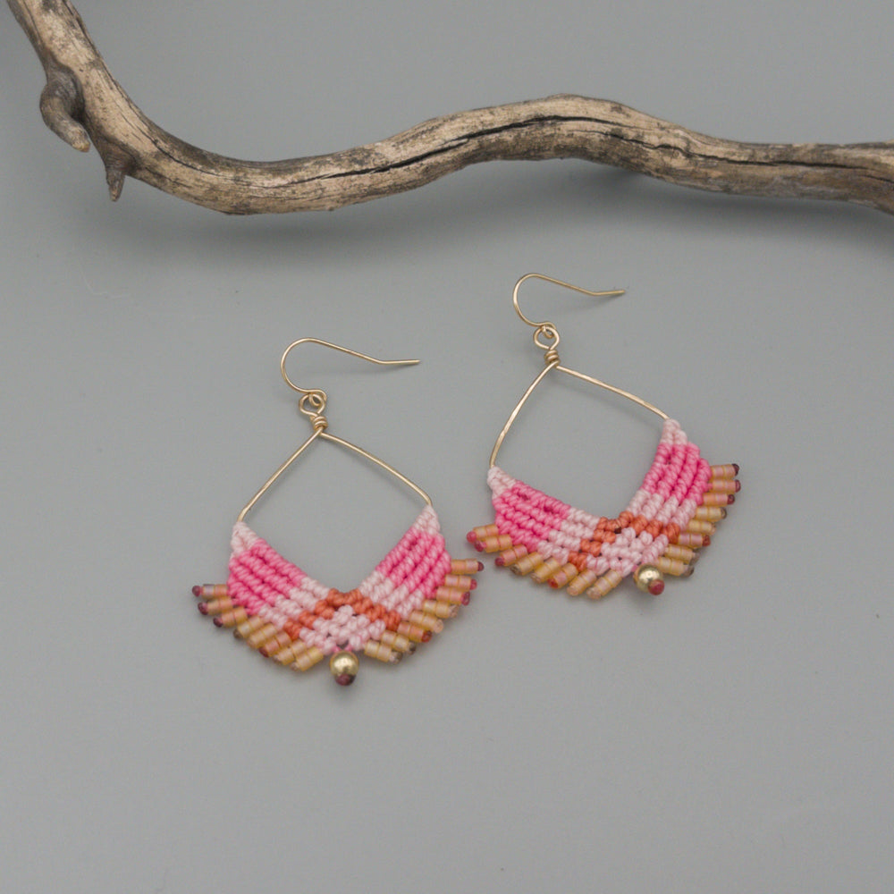 pink macrame earrings gold filled square hoops on gray background