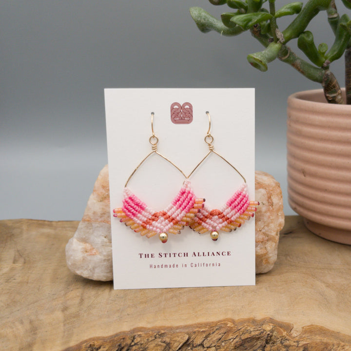 pink macrame earrings gold filled square hoops on white card
