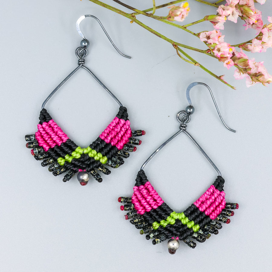 pink, black, and green handmade square hoop macrame earrings with oxidized sterling silver