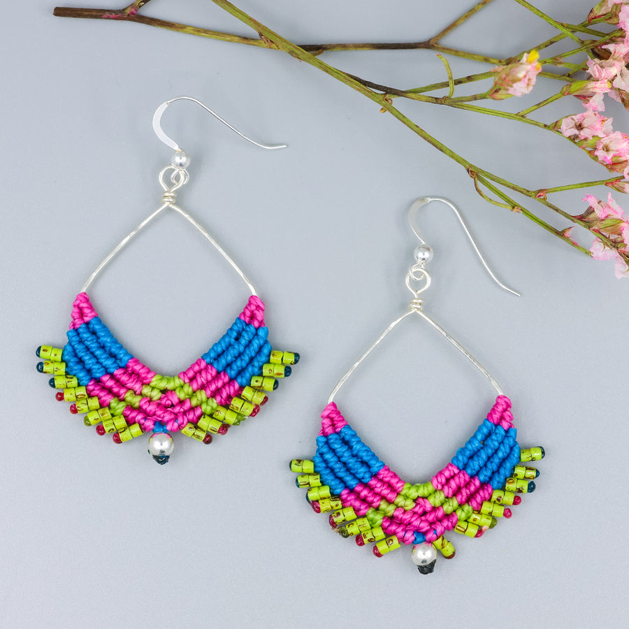 bright pink, blue, and green handmade macrame square hoop earrings in sterling silver