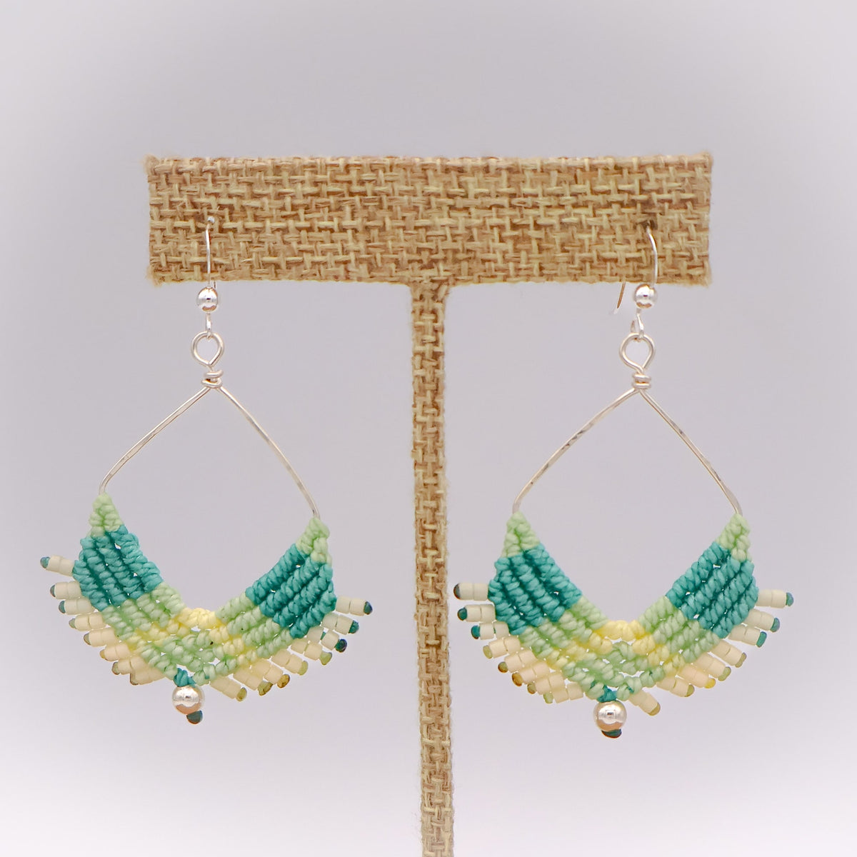 macrame square hoop earrings sterling silver