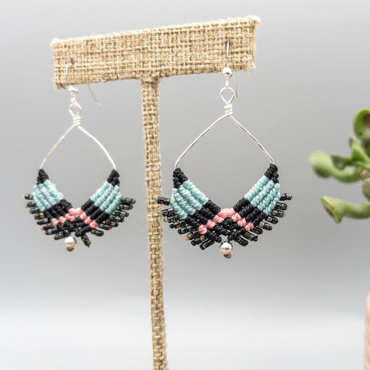 handmade macrame square hoop earrings in black, aqua, and pink with sterling silver wire
