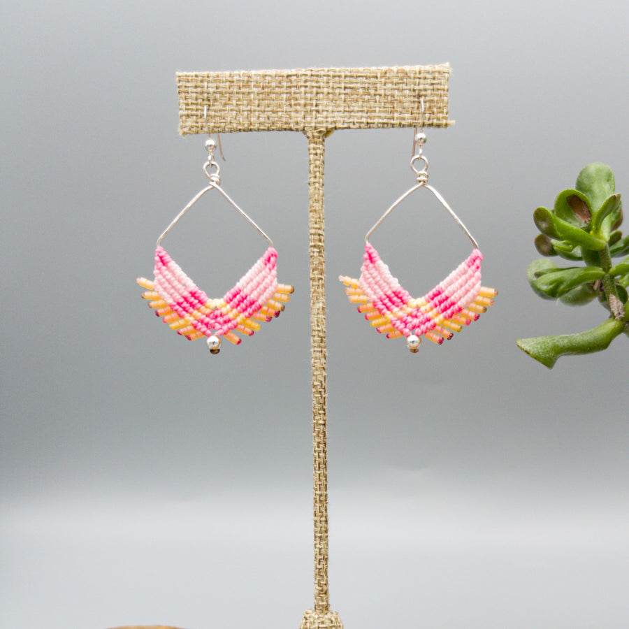 square hoop pink macrame earrings sterling silver