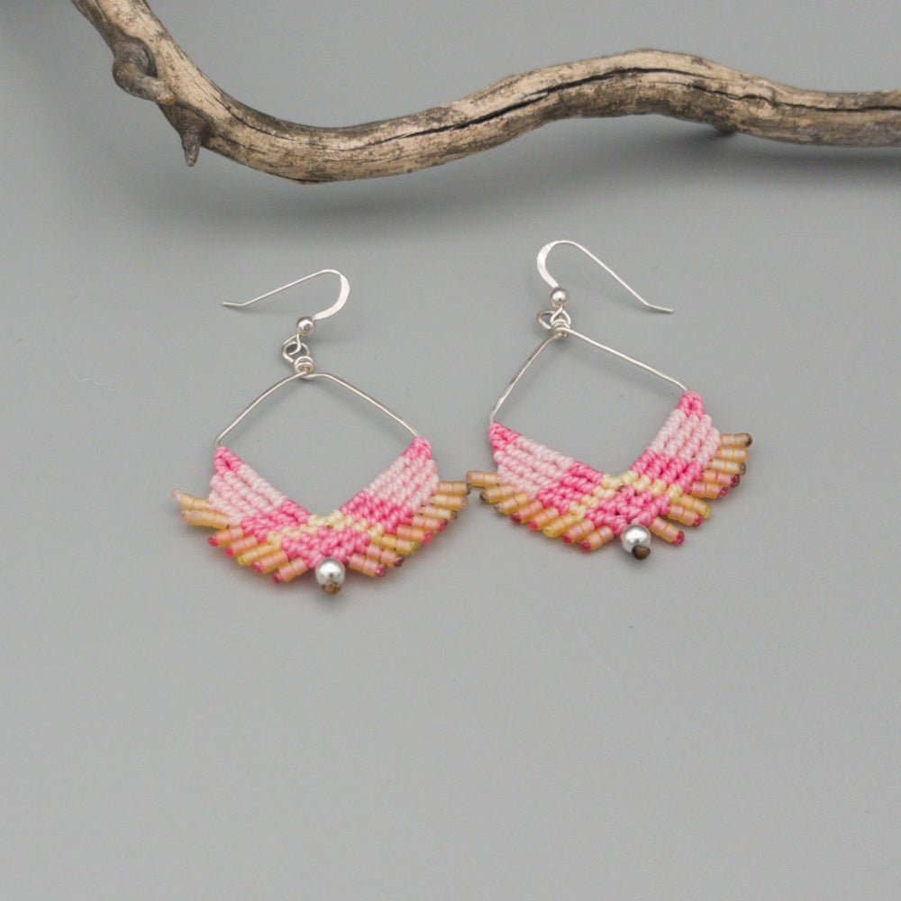 square hoop pink macrame earrings sterling silver on gray background