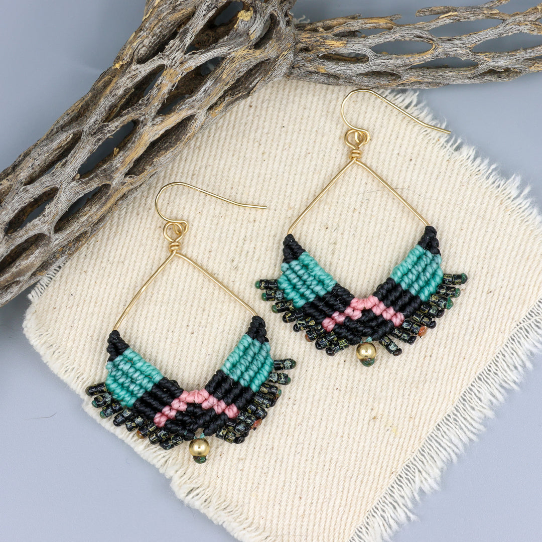 gold fill square macrame hoop earrings