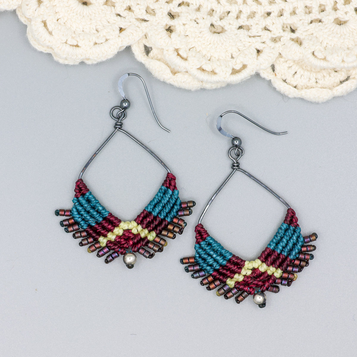 handmade square macrame hoop earrings oxidized sterling silver teal, deep burgundy, light yellow