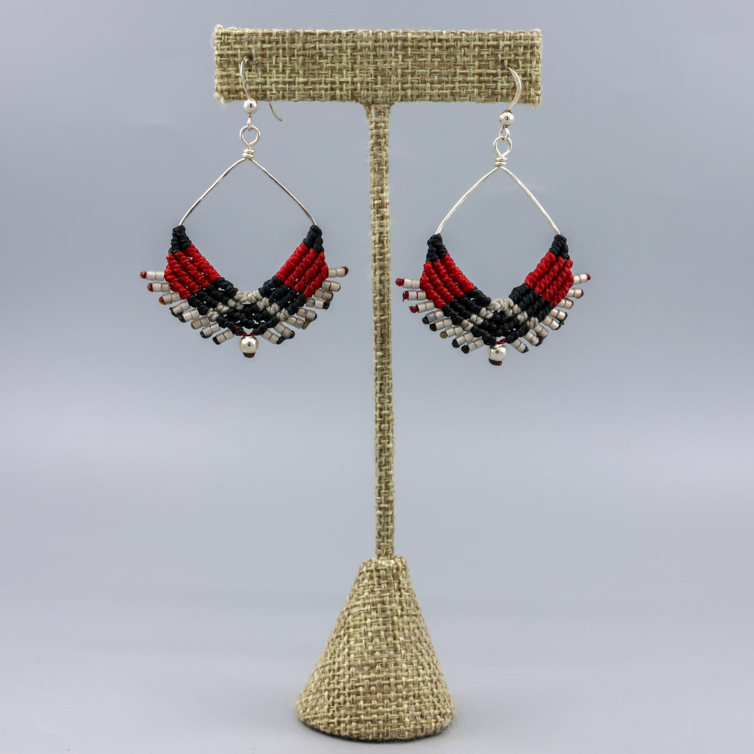 handmade square hoop earrings boho western macrame style on a linen hanger