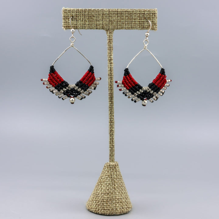 handmade square hoop earrings boho western macrame style on a linen hanger