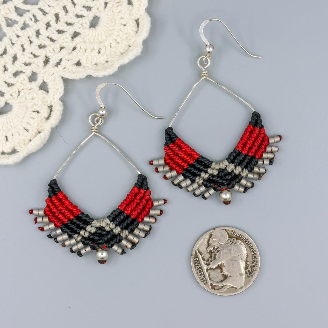handmade square hoop earrings boho western macrame style with a nickel for size comparison