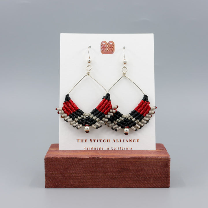 handmade square hoop earrings boho western macrame style on a white card