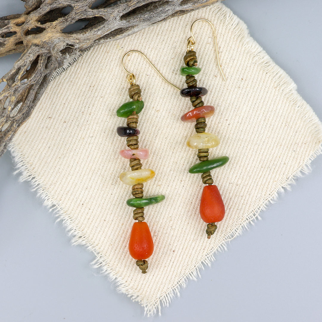 handmade autumn gemstone leather earrings with gold fill ear wires