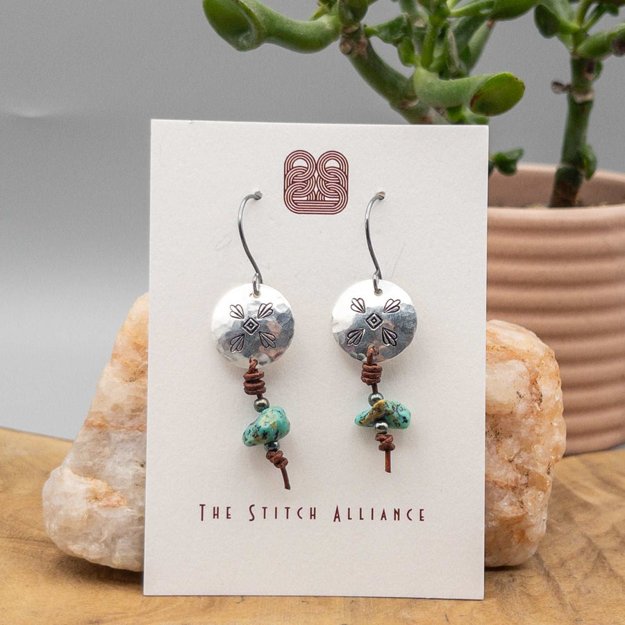 hand stamped sterling silver and turquoise drop earrings