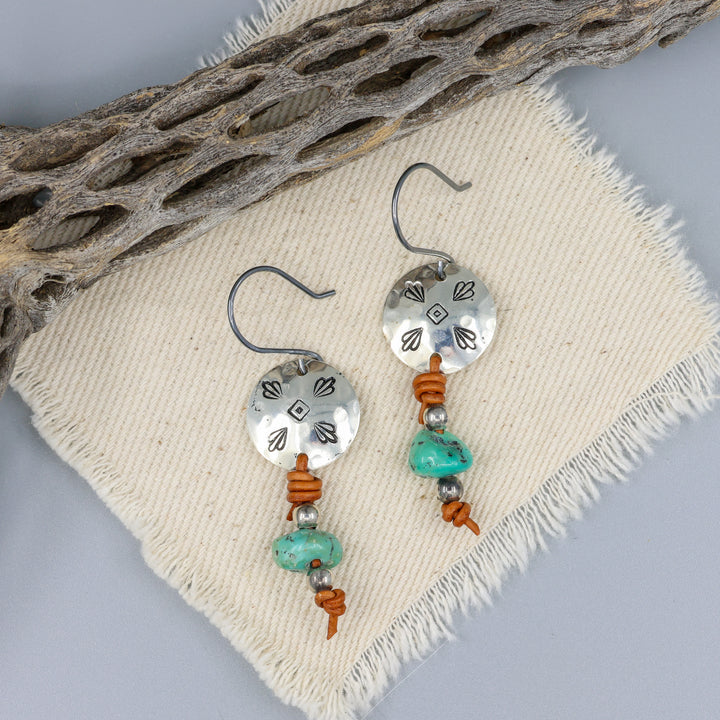 turquoise, leather, and sterling silver earrings handmade