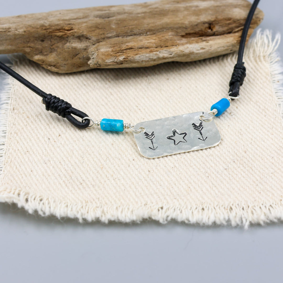 Handstamped star and arrow choker with turquoise beads
