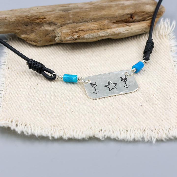 Handstamped star and arrow choker with turquoise beads