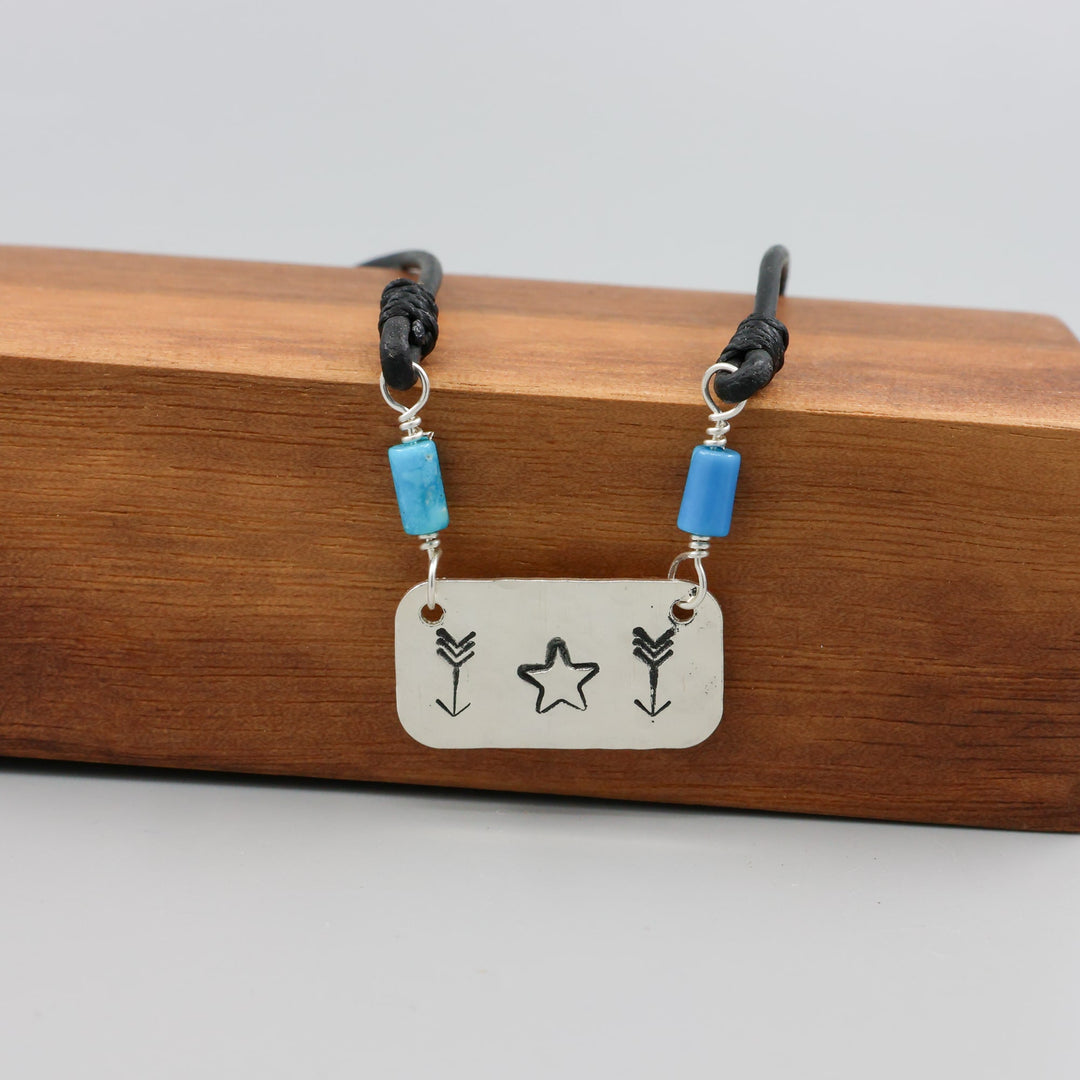 Handstamped star and arrow choker with turquoise beads detail