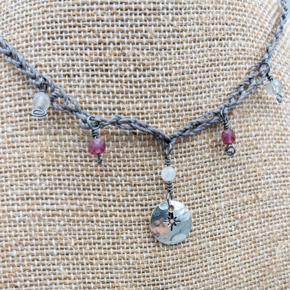 star medallion crochet necklace with garnet, labradorite, and moonstone beads