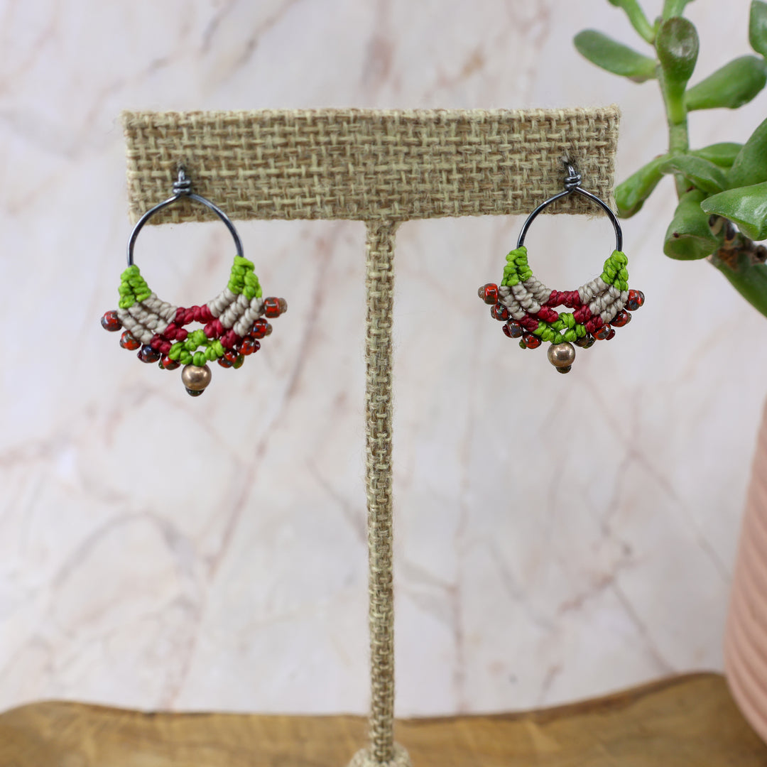 handmade green and red macrame earrings with oxidized sterling silver earrings