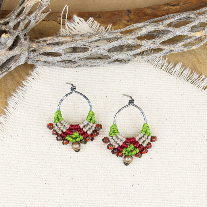 green and red macrame earrings with oxidized sterling silver